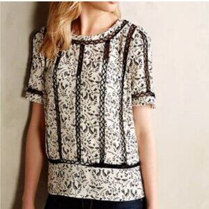 Meadow Rue Anthropologie Love Bird Printed Top Crochet Lace Inserts Large